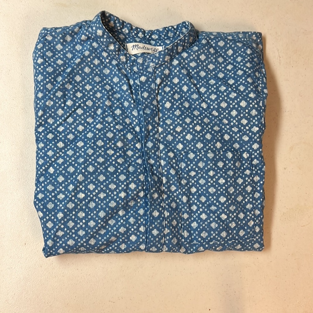 MADEWELL Chambray Floral Top Stamp Popover Tunic Long Sleeves Banded Collar - Picture 6 of 6